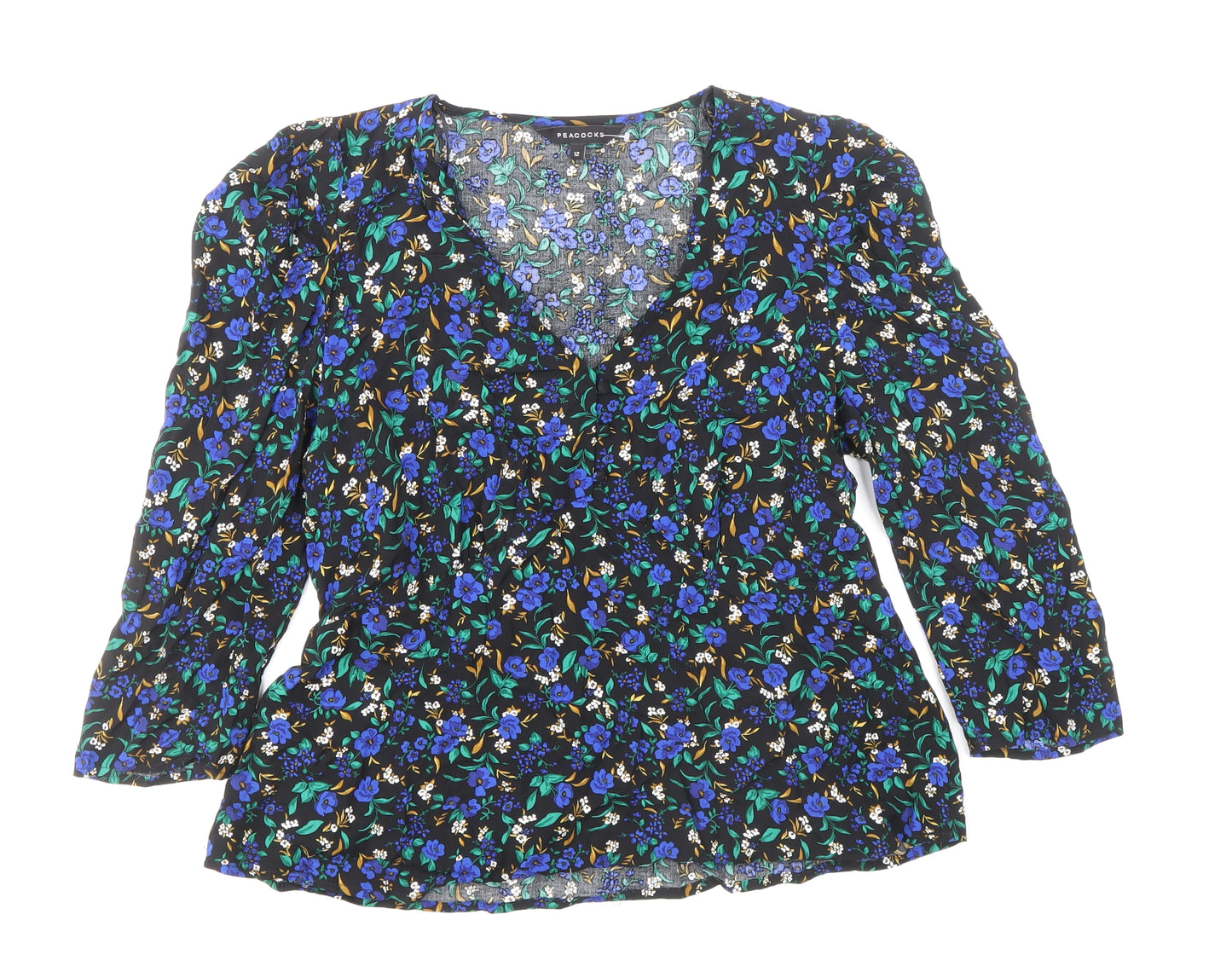 Peacocks Womens Multicoloured Geometric Viscose Basic Blouse Size 12 V-Neck