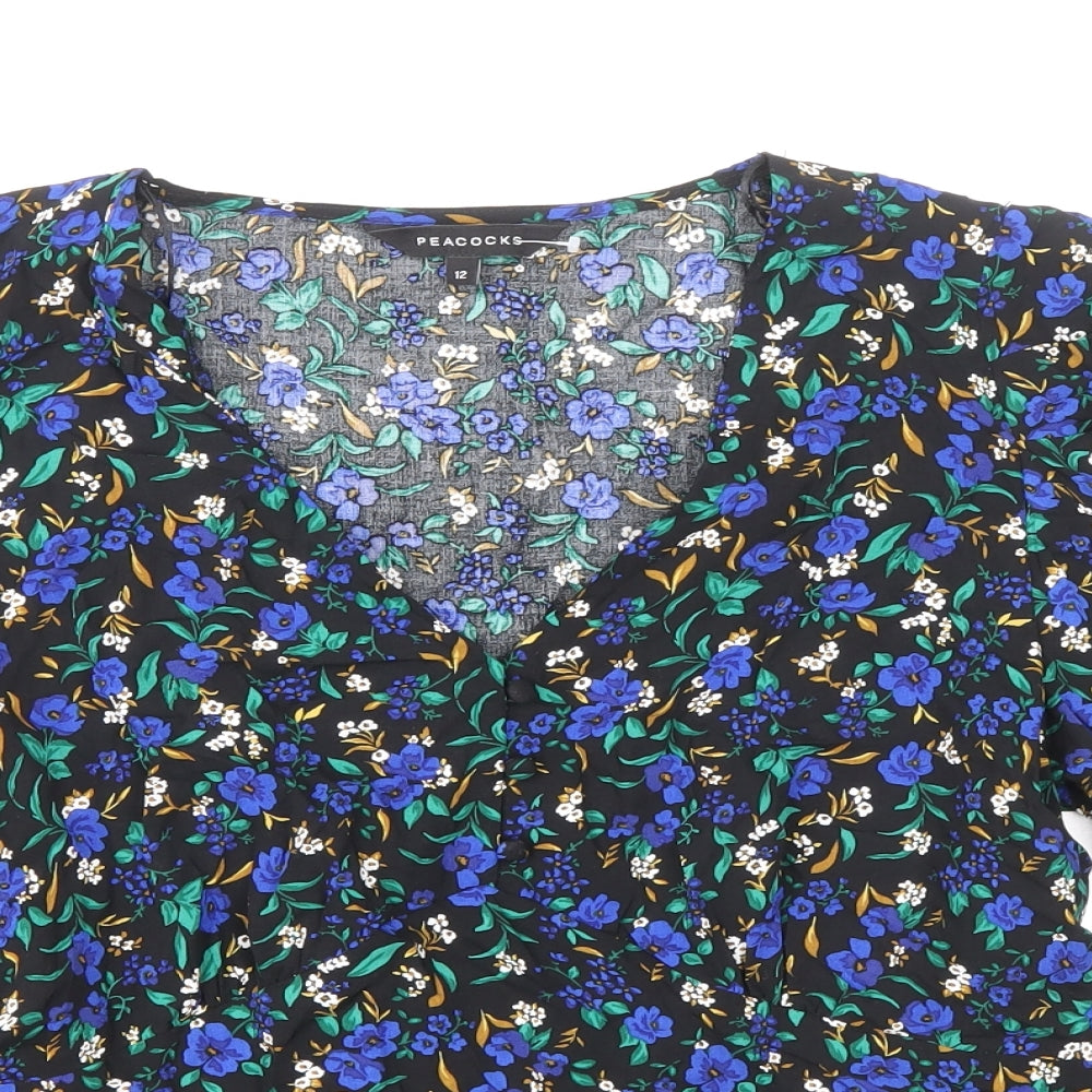 Peacocks Womens Multicoloured Geometric Viscose Basic Blouse Size 12 V-Neck