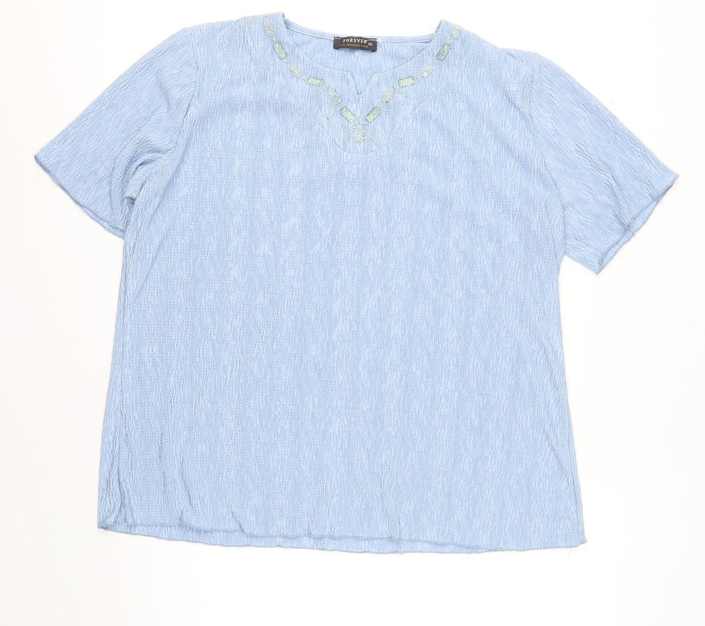 Forever Womens Blue Geometric Polyester Basic T-Shirt Size XL V-Neck
