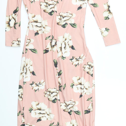 Preworn Womens Pink Floral Cotton Sheath Size S V-Neck Pullover