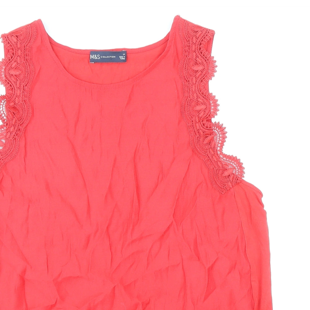 Marks and Spencer Womens Red Viscose Basic Tank Size 14 Round Neck - Lace Detail