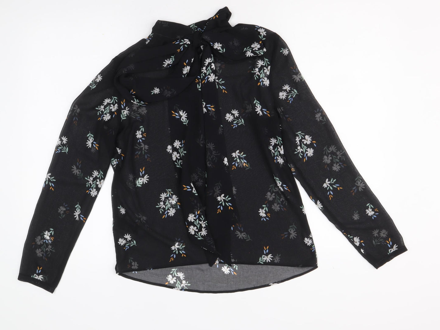 Marks and Spencer Womens Black Floral Polyester Basic Button-Up Size 6 V-Neck
