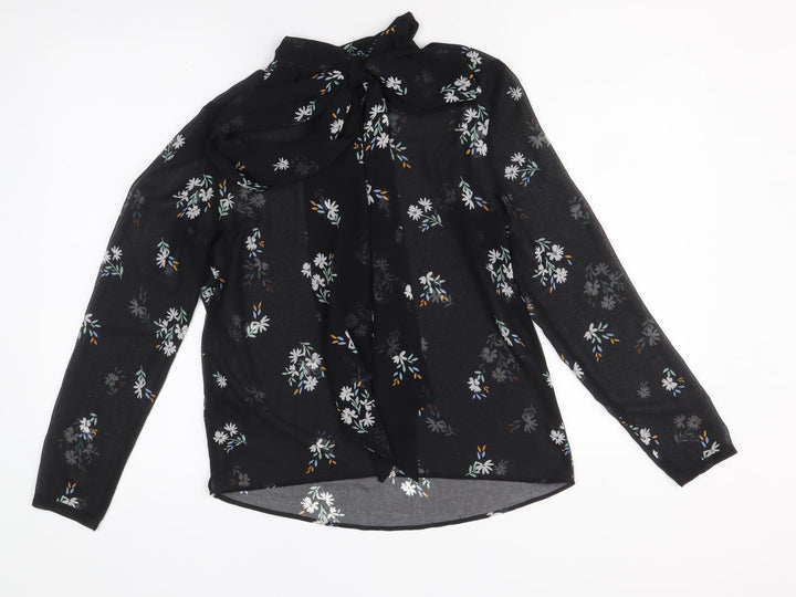 Marks and Spencer Womens Black Floral Polyester Basic Button-Up Size 6 V-Neck