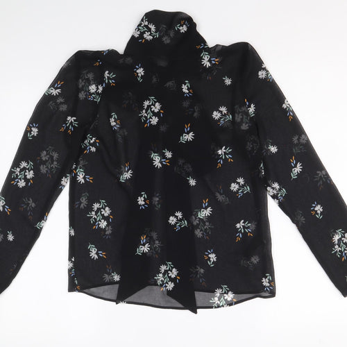Marks and Spencer Womens Black Floral Polyester Basic Button-Up Size 6 V-Neck