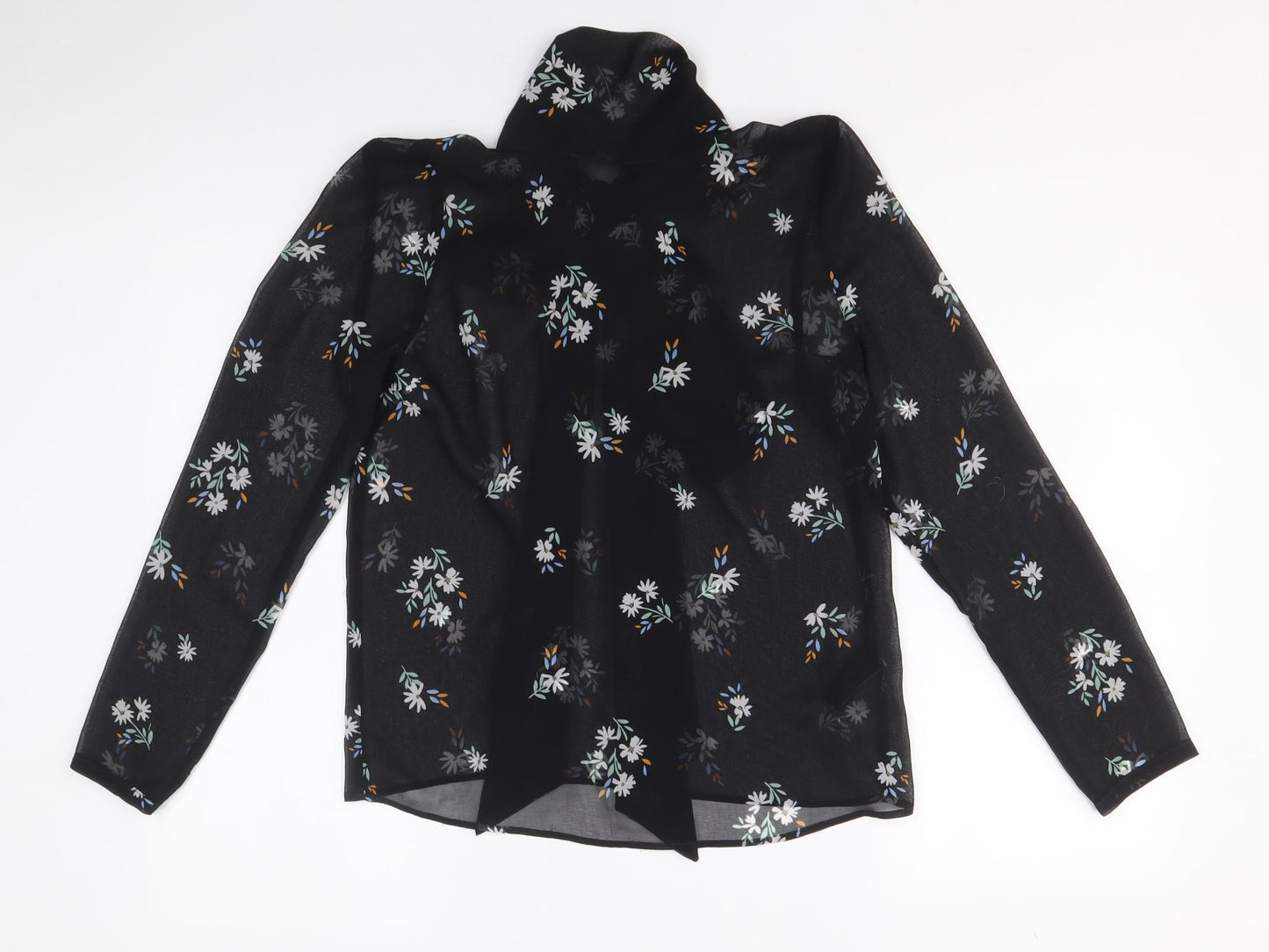 Marks and Spencer Womens Black Floral Polyester Basic Button-Up Size 6 V-Neck