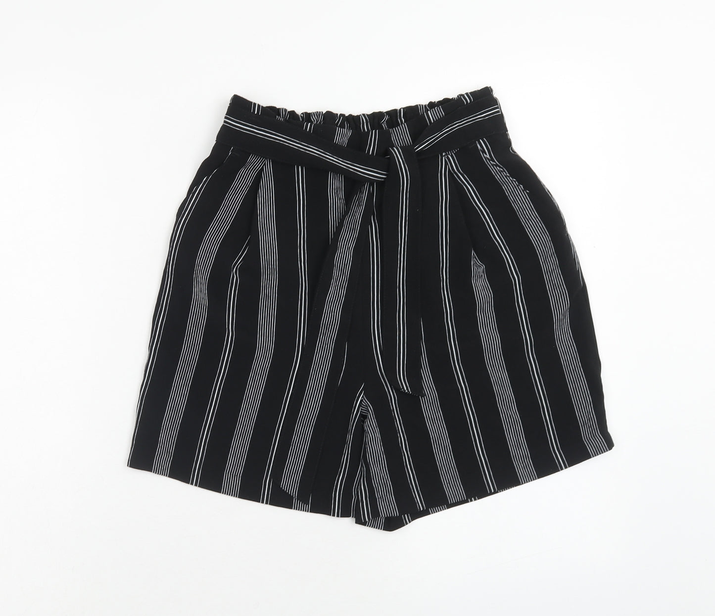 New Look Womens Black Striped Polyester Paperbag Shorts Size 8 Regular Tie