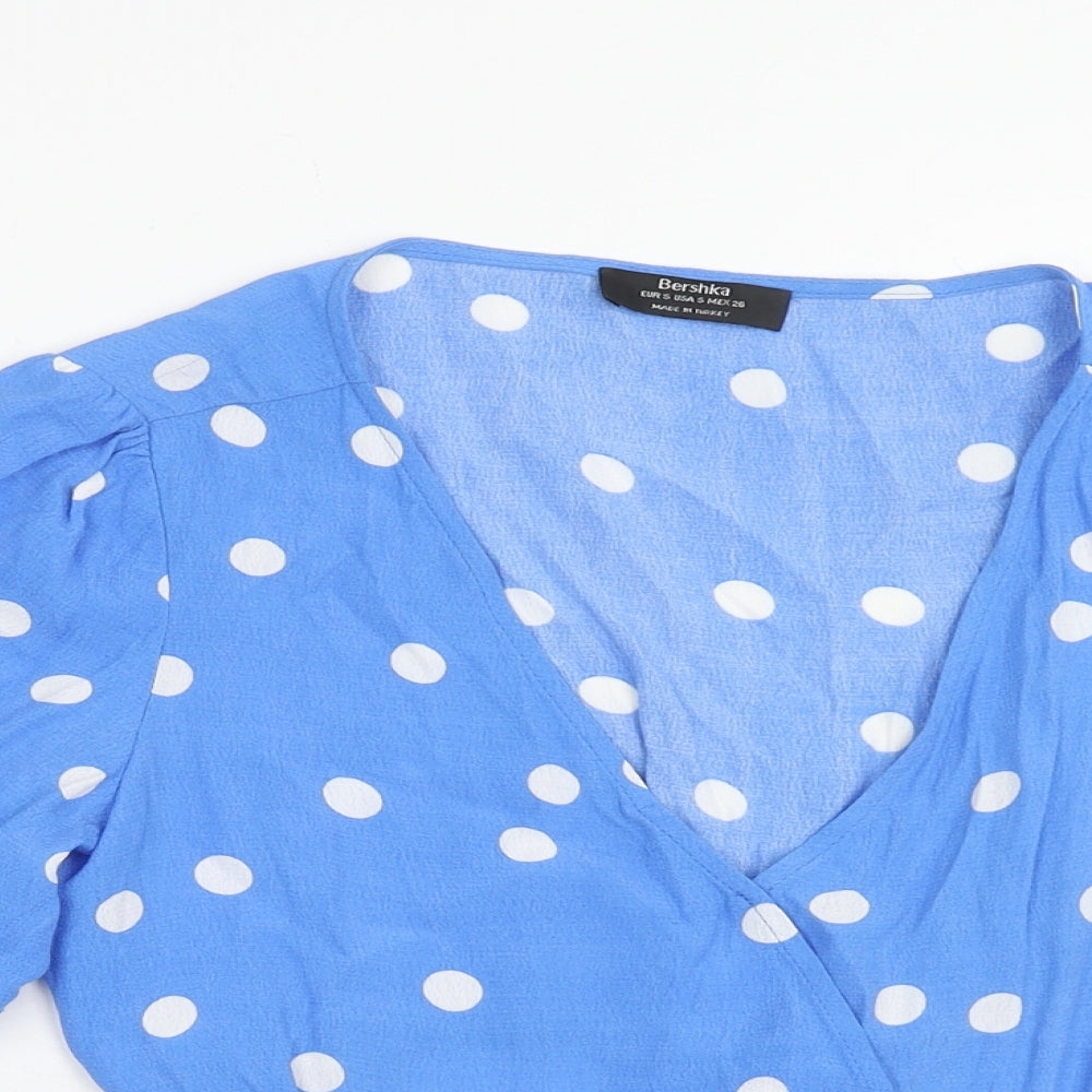 Bershka Womens Blue Polka Dot Polyester Cropped Tank Size S V-Neck