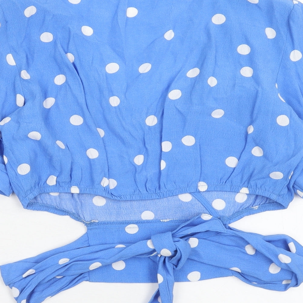 Bershka Womens Blue Polka Dot Polyester Cropped Tank Size S V-Neck