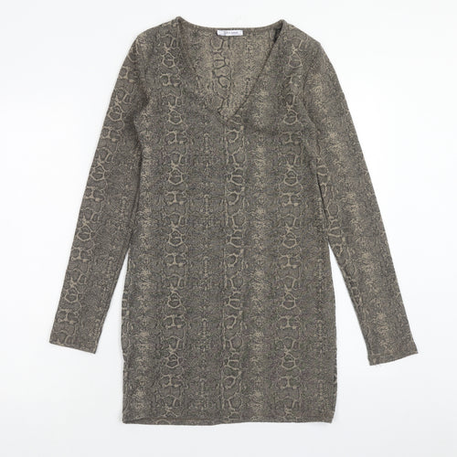 Zara Womens Grey Animal Print Polyester Mini Size S V-Neck Pullover - Snake Print