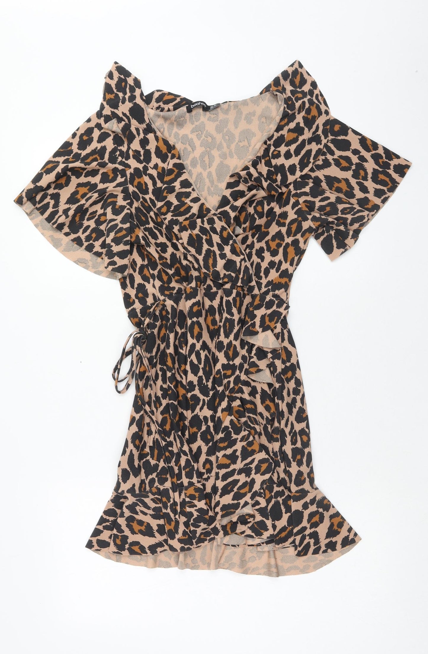 Boohoo Womens Brown Animal Print Polyester Wrap Dress Size 14 V-Neck Tie - Leopard print