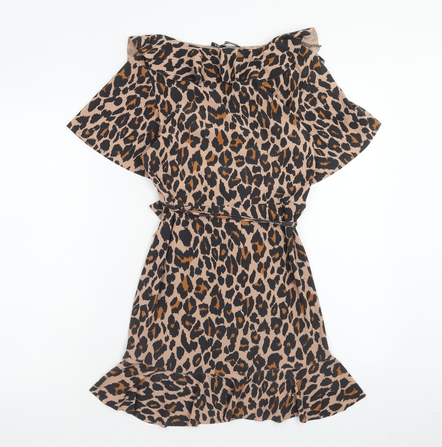Boohoo Womens Brown Animal Print Polyester Wrap Dress Size 14 V-Neck Tie - Leopard print