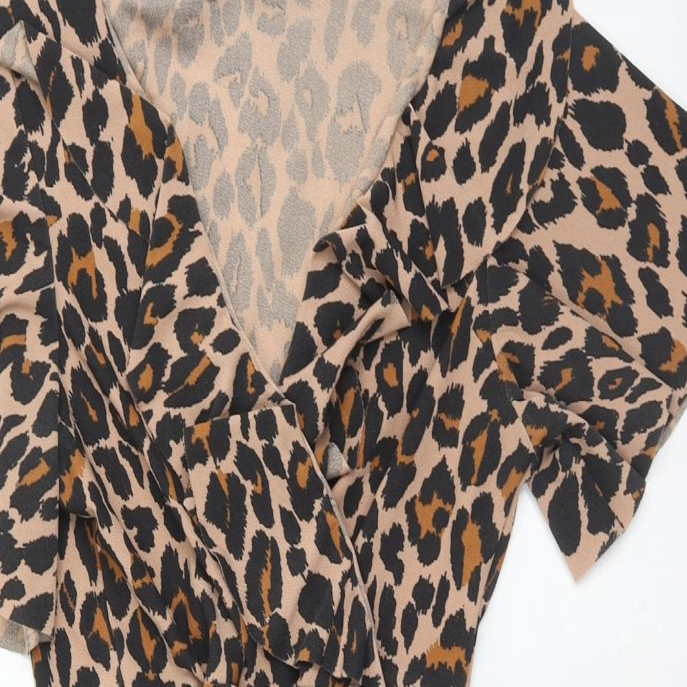 Boohoo Womens Brown Animal Print Polyester Wrap Dress Size 14 V-Neck Tie - Leopard print