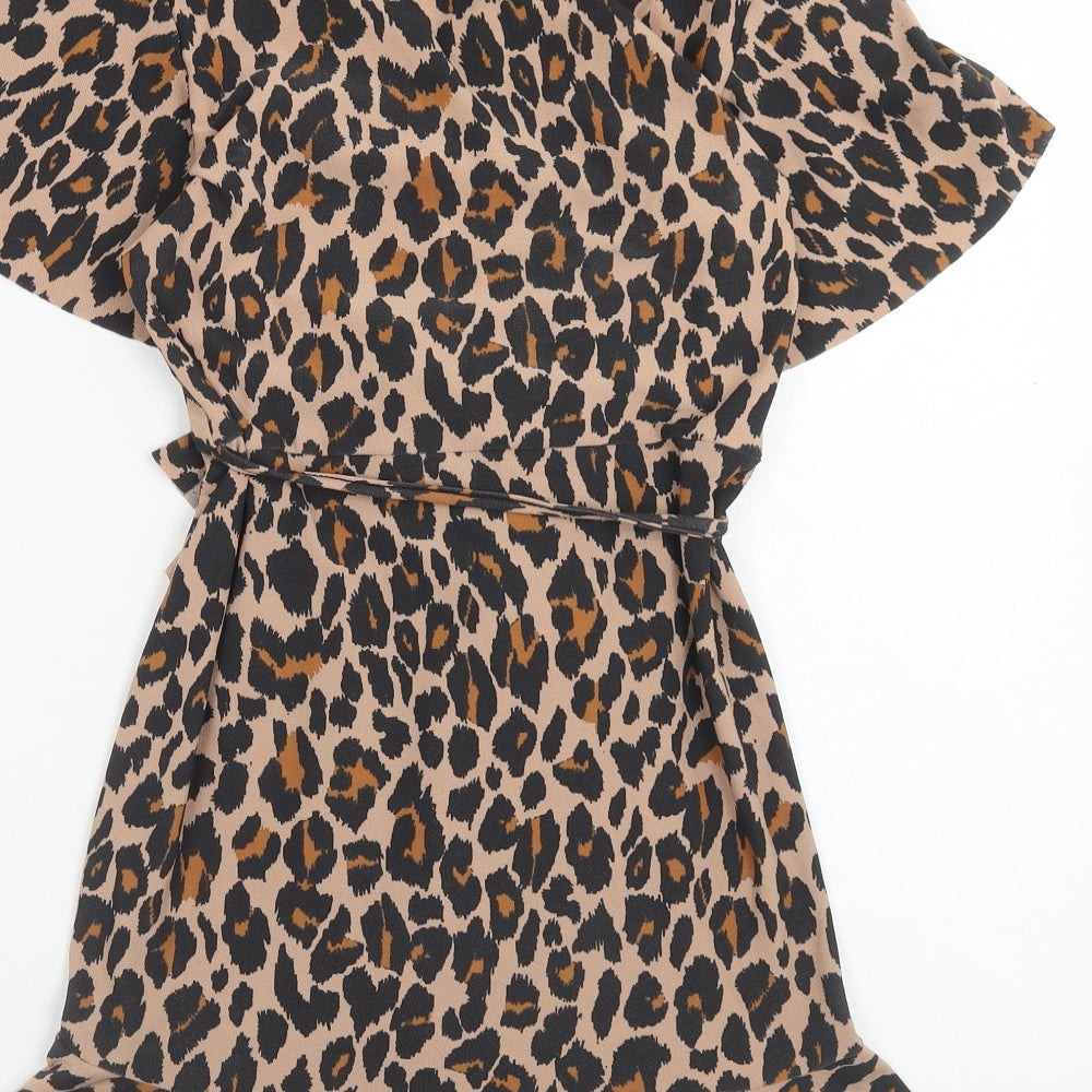 Boohoo Womens Brown Animal Print Polyester Wrap Dress Size 14 V-Neck Tie - Leopard print