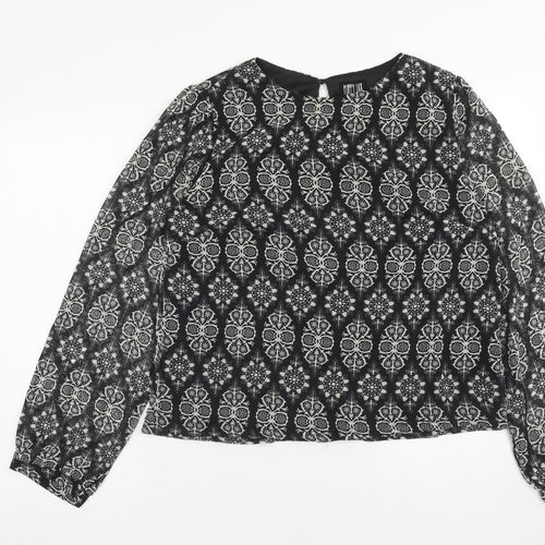 Poppy Lux Womens Black Geometric Polyester Basic Blouse Size 16 Scoop Neck