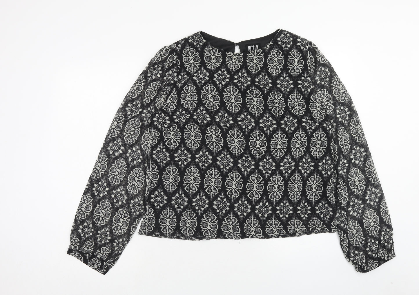Poppy Lux Womens Black Geometric Polyester Basic Blouse Size 16 Scoop Neck