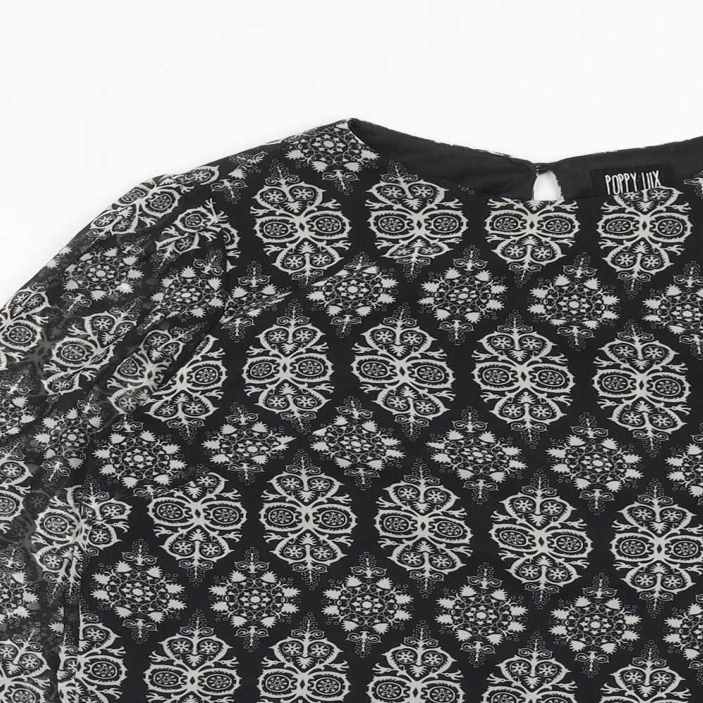 Poppy Lux Womens Black Geometric Polyester Basic Blouse Size 16 Scoop Neck