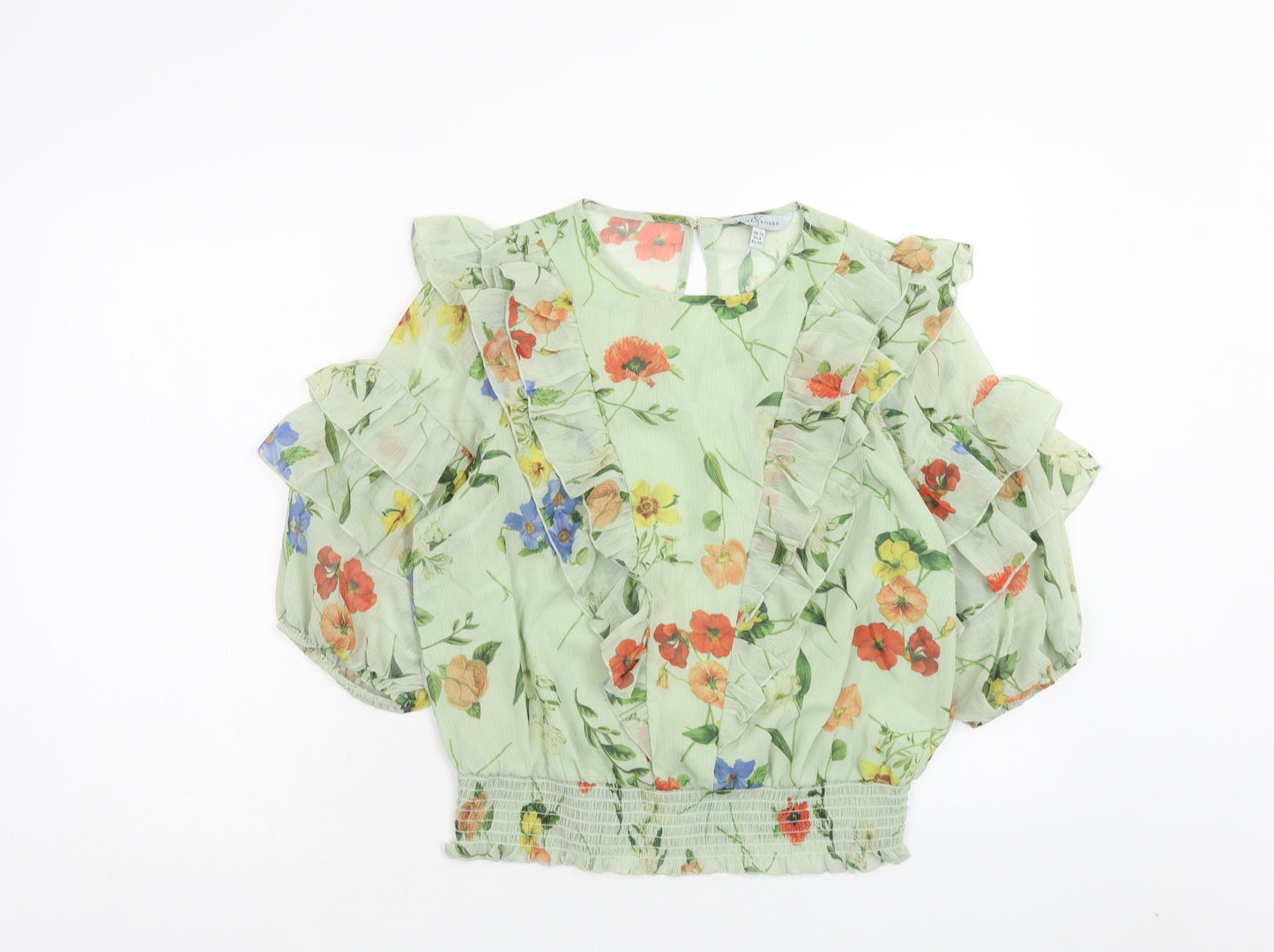Love Roses Womens Green Floral Polyester Basic Blouse Size 12 Scoop Neck