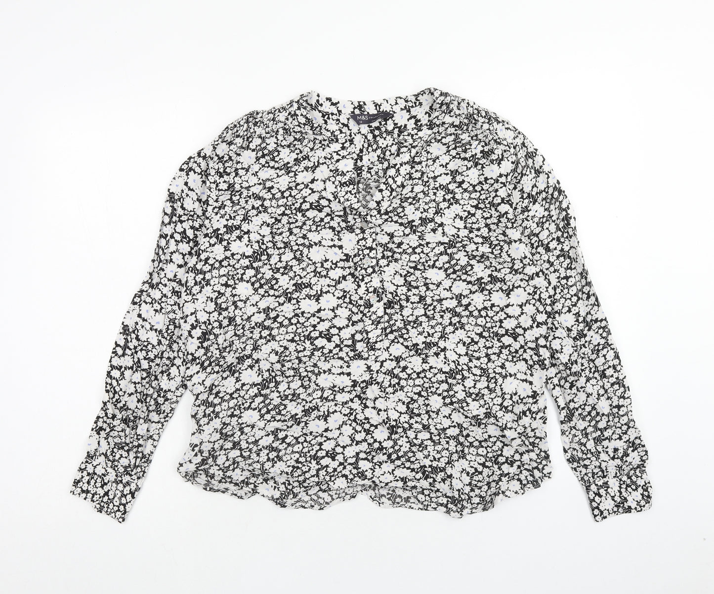Marks and Spencer Womens White Floral Viscose Basic Blouse Size 12 V-Neck