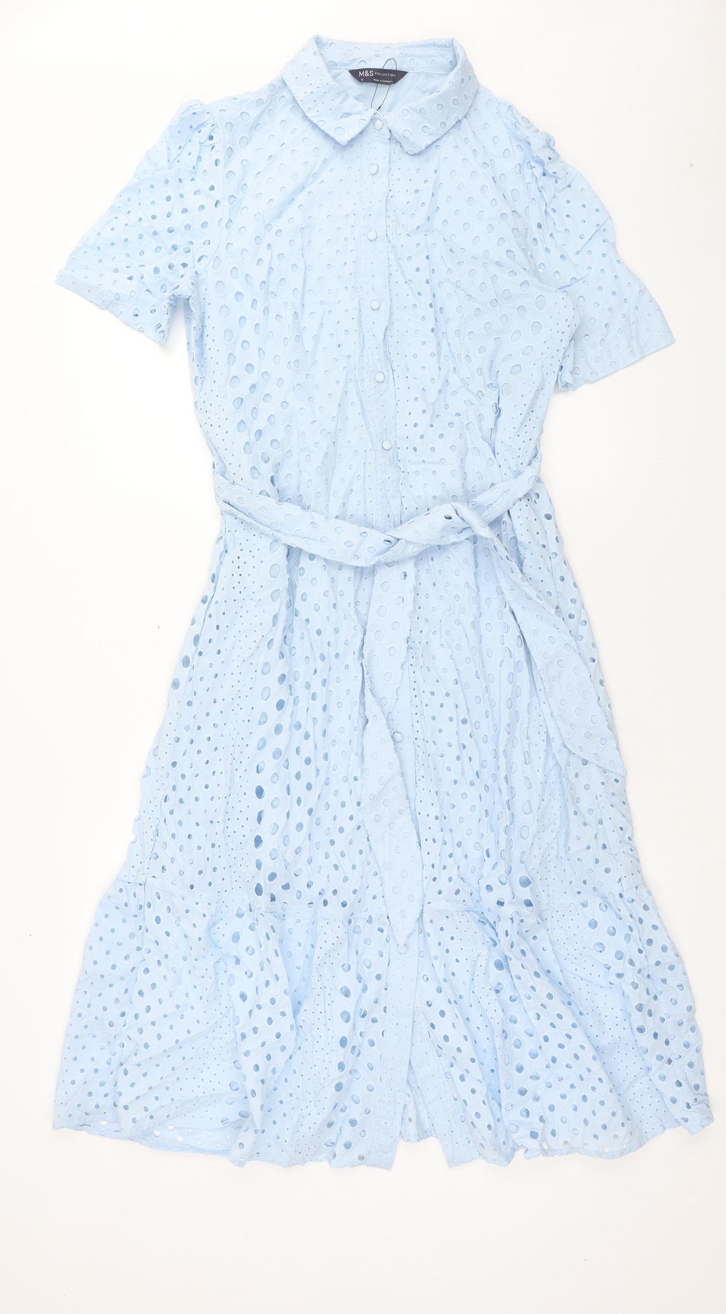 Marks and Spencer Womens Blue Geometric Cotton Shirt Dress Size 12 V-Neck Button - Broderie Anglaise