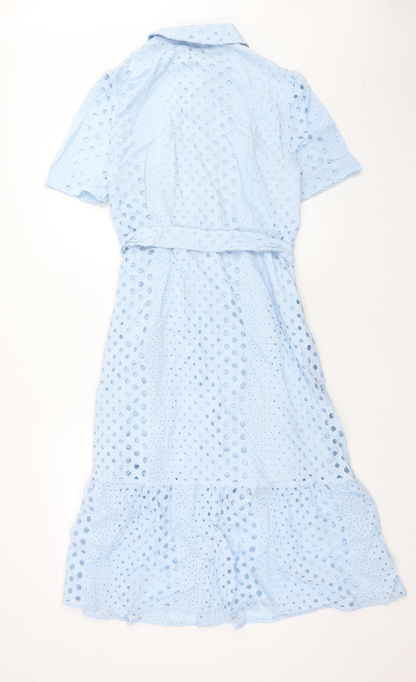 Marks and Spencer Womens Blue Geometric Cotton Shirt Dress Size 12 V-Neck Button - Broderie Anglaise