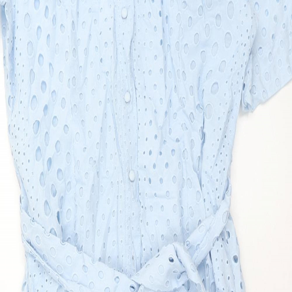 Marks and Spencer Womens Blue Geometric Cotton Shirt Dress Size 12 V-Neck Button - Broderie Anglaise