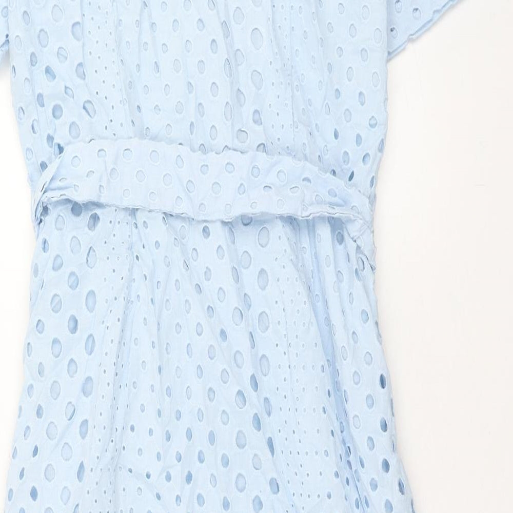 Marks and Spencer Womens Blue Geometric Cotton Shirt Dress Size 12 V-Neck Button - Broderie Anglaise