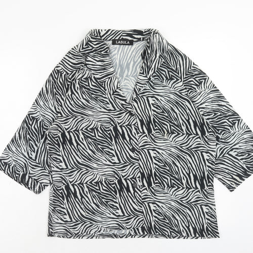 Lasula Womens Black Animal Print Polyester Basic Blouse Size 12 V-Neck - Zebra Pattern