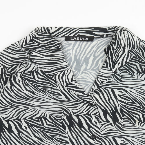 Lasula Womens Black Animal Print Polyester Basic Blouse Size 12 V-Neck - Zebra Pattern