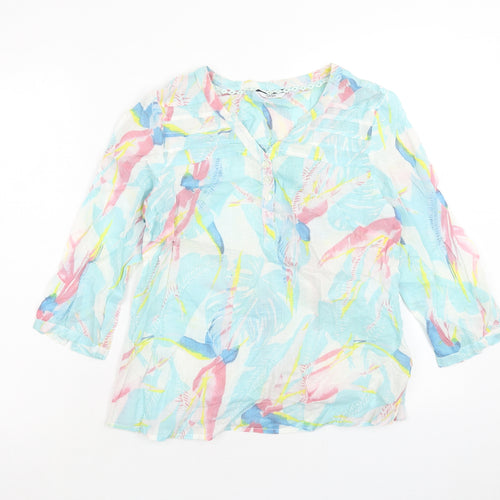 DASH Womens Blue Geometric Cotton Basic Blouse Size 10 V-Neck