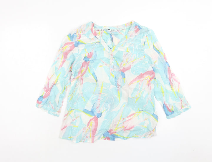 DASH Womens Blue Geometric Cotton Basic Blouse Size 10 V-Neck