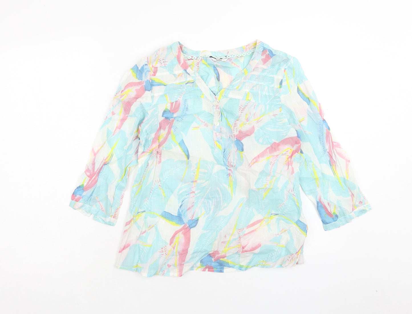 DASH Womens Blue Geometric Cotton Basic Blouse Size 10 V-Neck