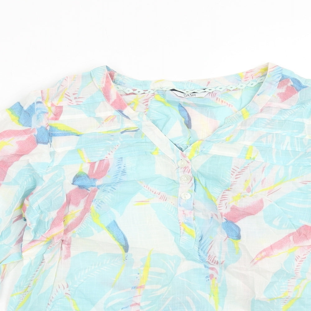 DASH Womens Blue Geometric Cotton Basic Blouse Size 10 V-Neck