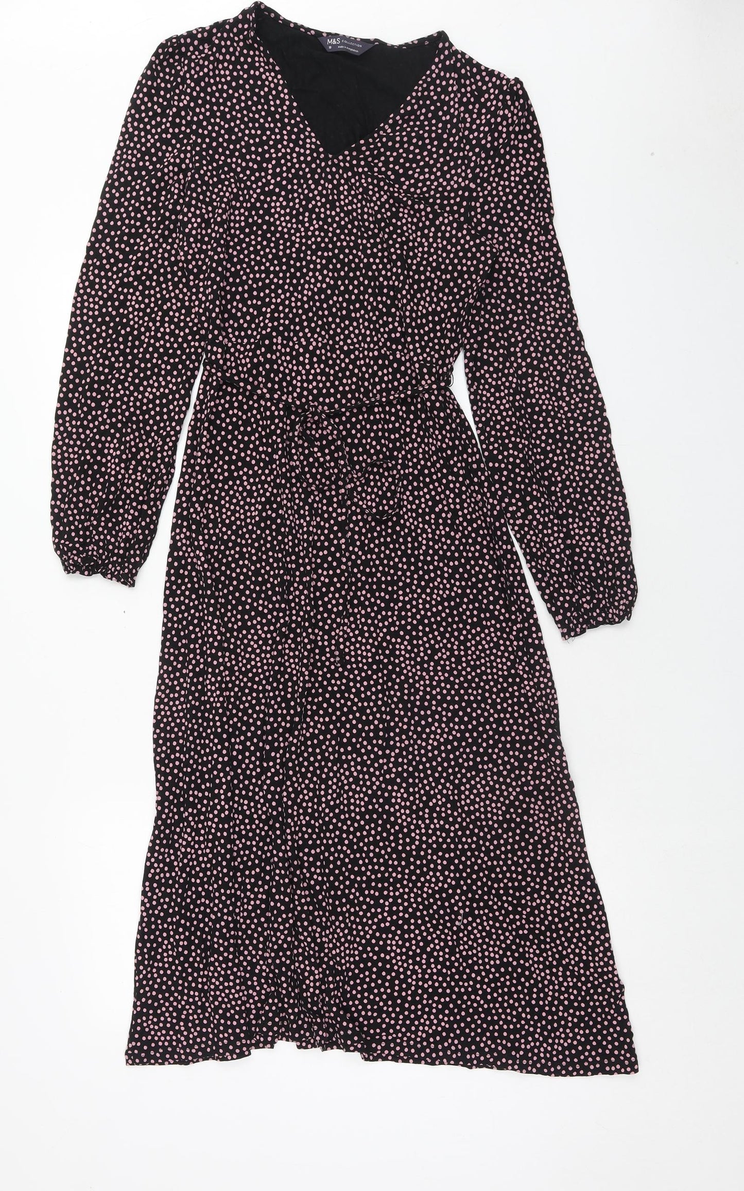 Marks and Spencer Womens Black Polka Dot Viscose Maxi Size 10 V-Neck Pullover