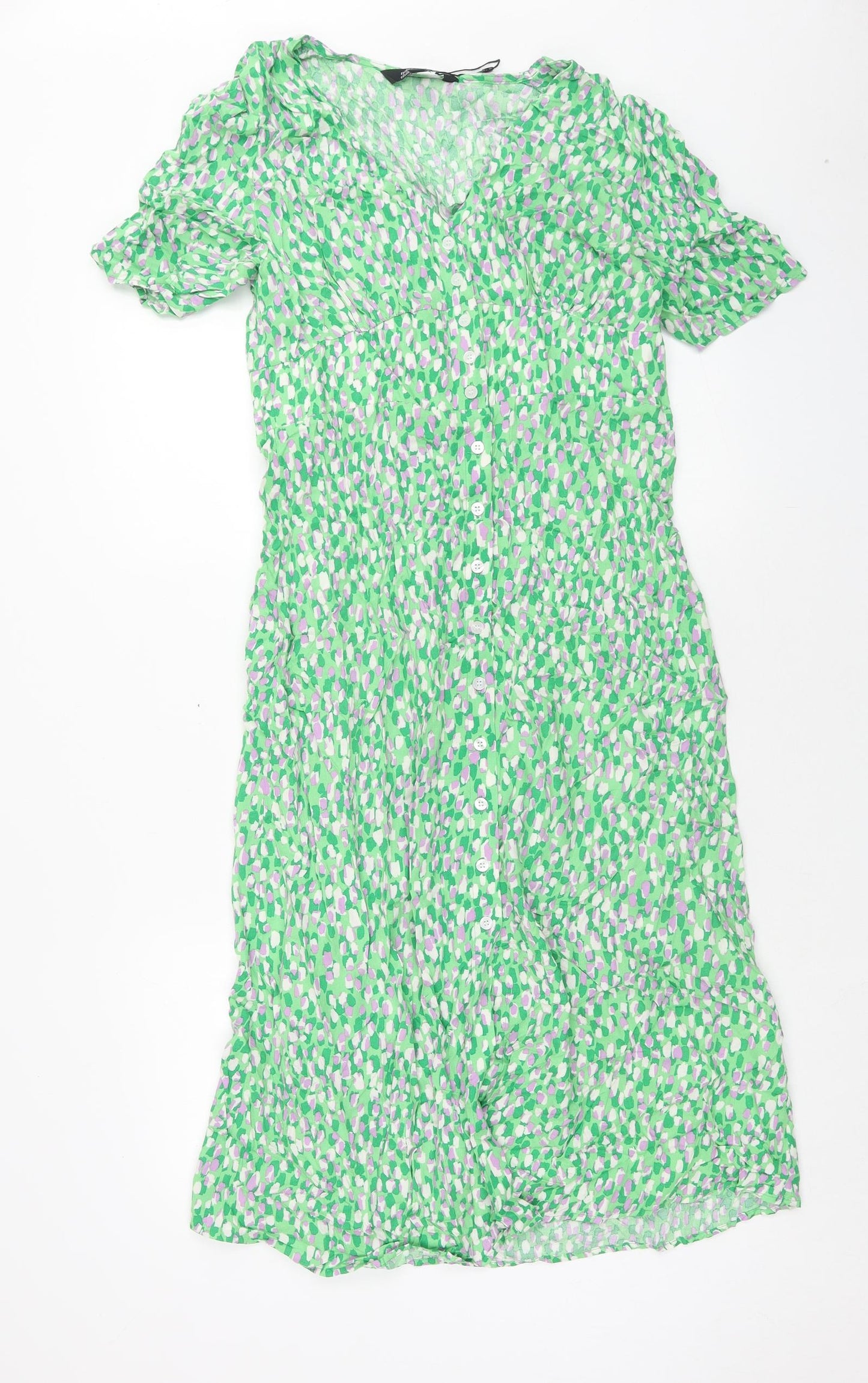 Nobodys Child Womens Green Geometric Viscose Shirt Dress Size 12 V-Neck Button