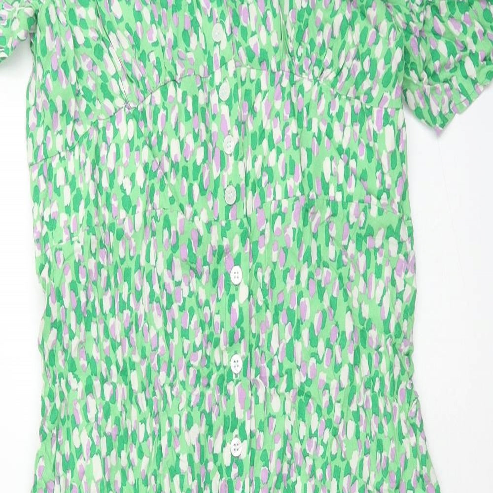 Nobodys Child Womens Green Geometric Viscose Shirt Dress Size 12 V-Neck Button