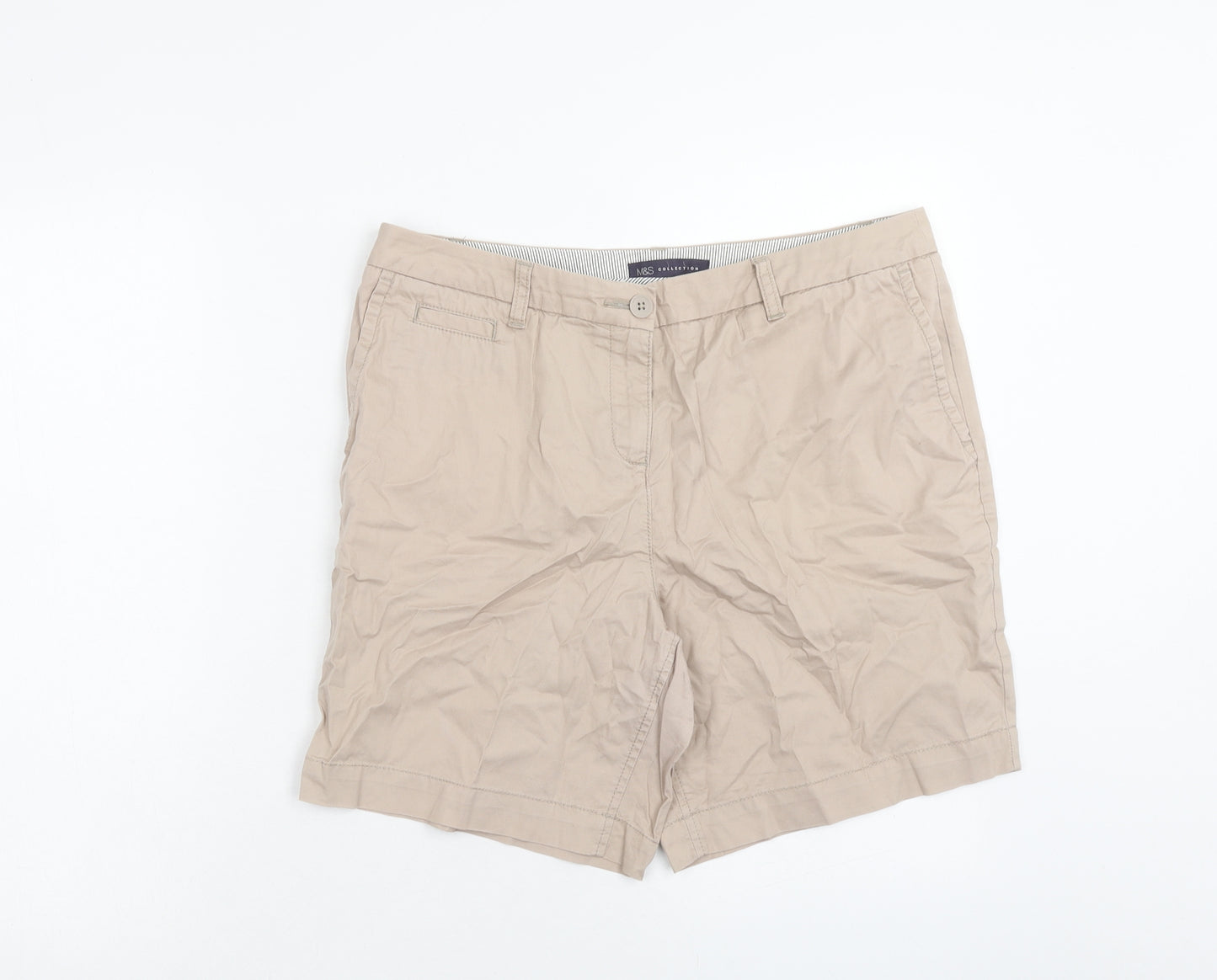 Marks and Spencer Womens Beige Cotton Chino Shorts Size 14 Regular Zip