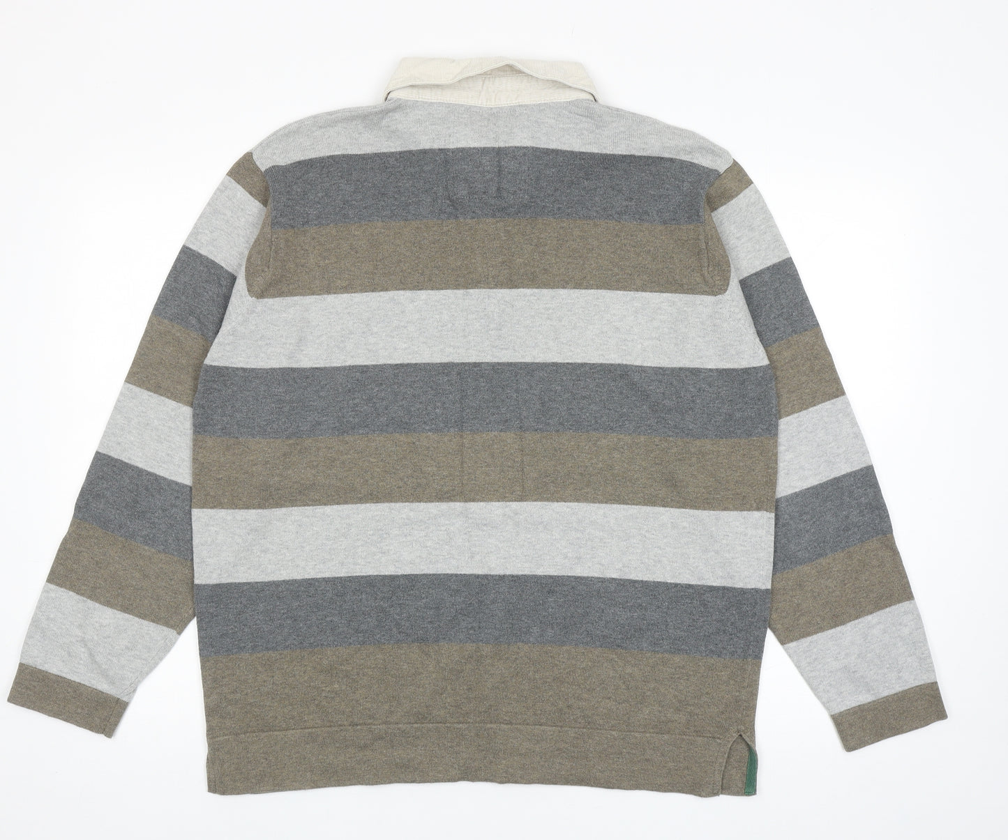 Marks and Spencer Mens Grey Striped Cotton Polo Size L Collared Button