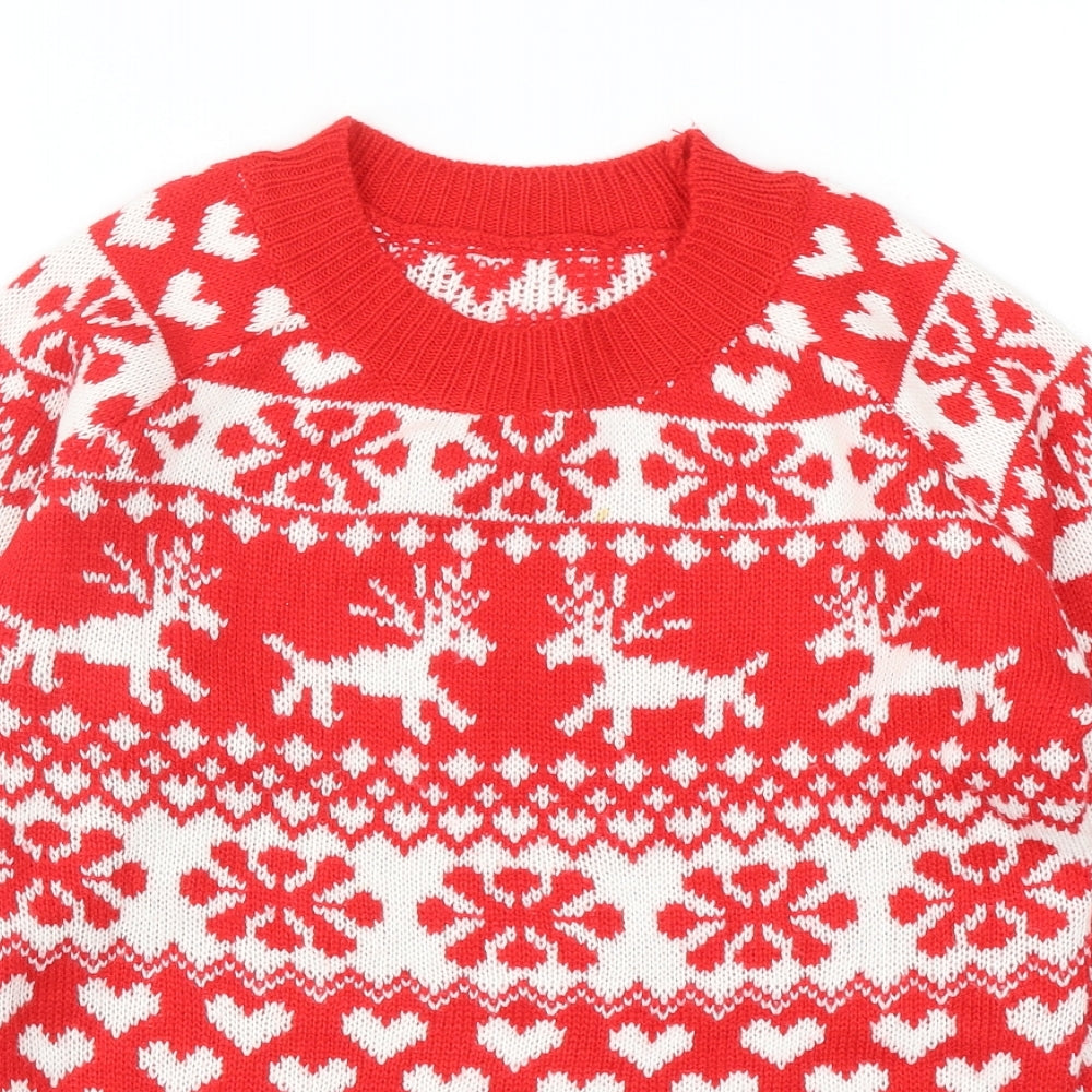 Preworn Womens Red Round Neck Geometric Acrylic Pullover Jumper Size S