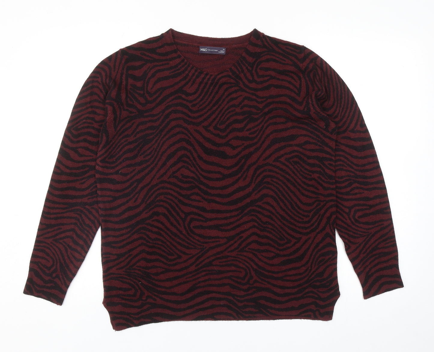 Marks and Spencer Womens Red Round Neck Animal Print Acrylic Pullover Jumper Size 14
