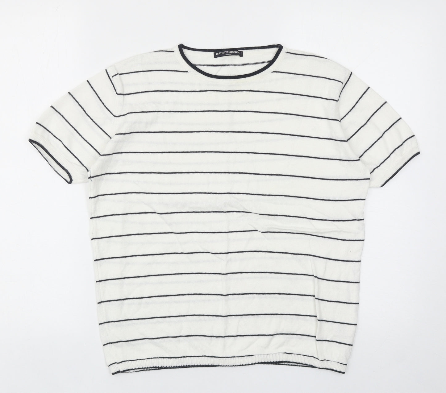Brandy Melville Womens White Striped Cotton Basic T-Shirt One Size Round Neck