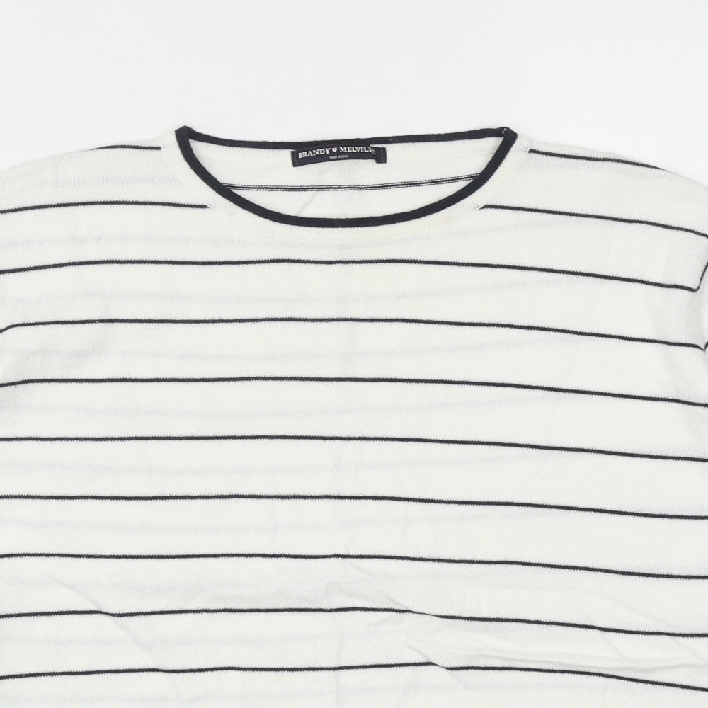 Brandy Melville Womens White Striped Cotton Basic T-Shirt One Size Round Neck
