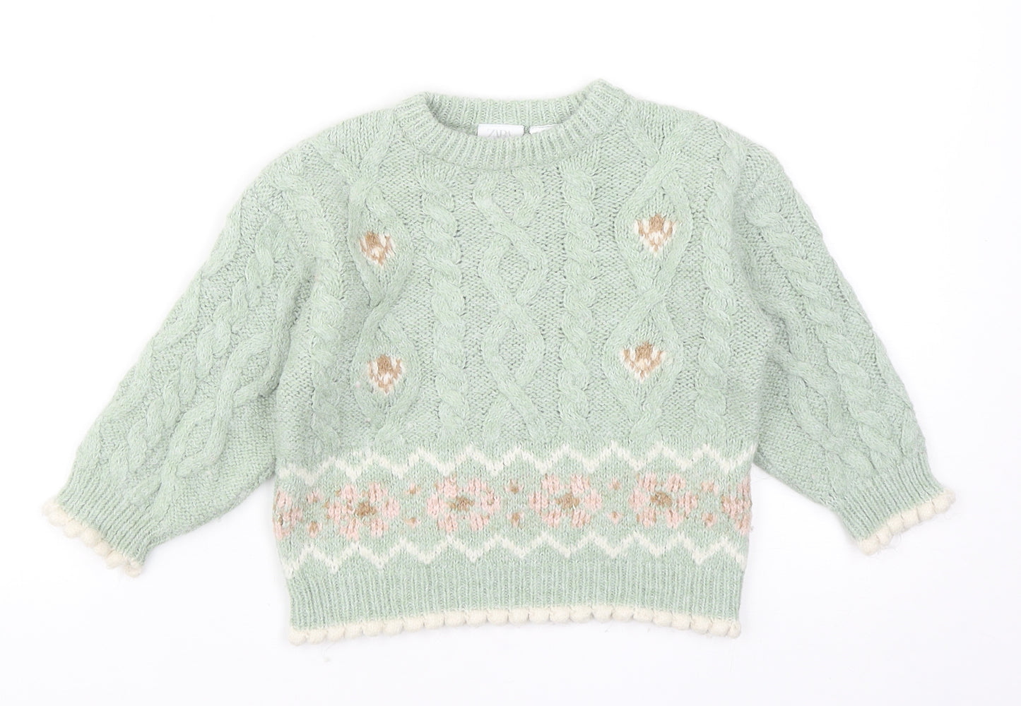 Zara Girls Green Crew Neck Acrylic Pullover Jumper Size 2-3 Years Pullover