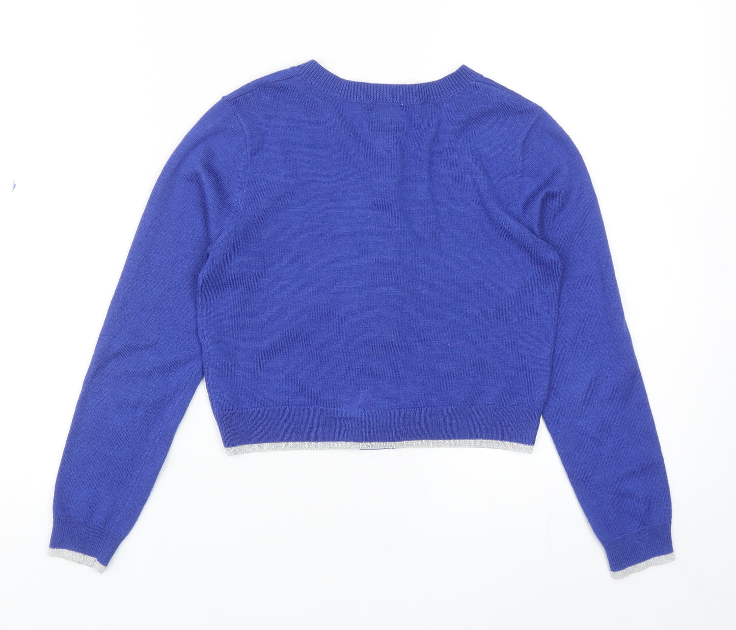 Yumi Girls Blue Round Neck Polyester Cardigan Jumper Size 9-10 Years Snap