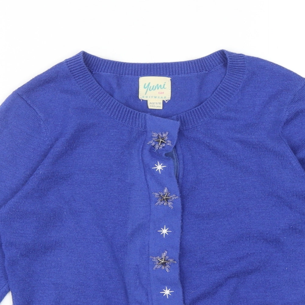 Yumi Girls Blue Round Neck Polyester Cardigan Jumper Size 9-10 Years Snap