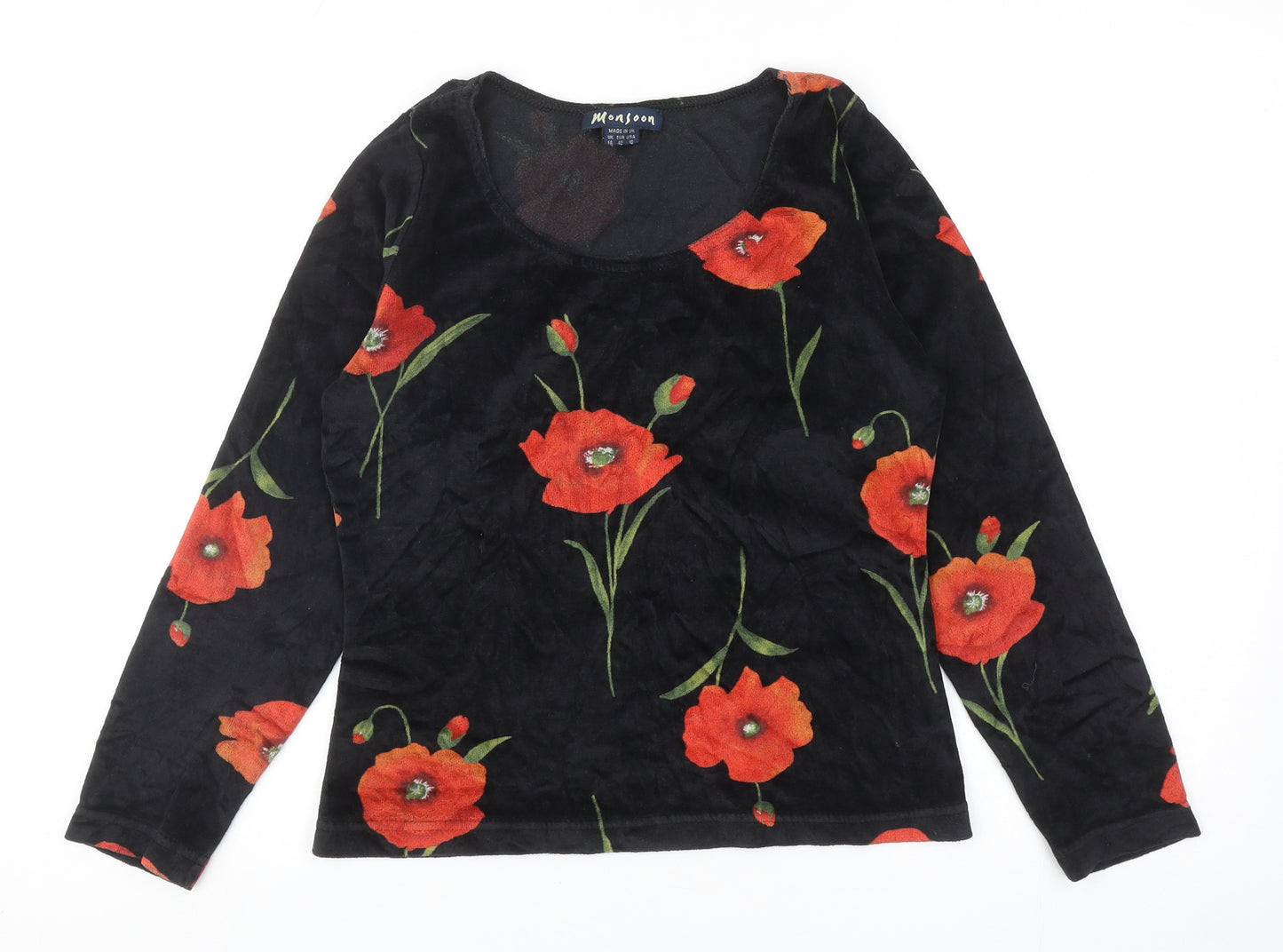 Monsoon Womens Black Geometric Cotton Basic T-Shirt Size 14 Round Neck - Poppy Print