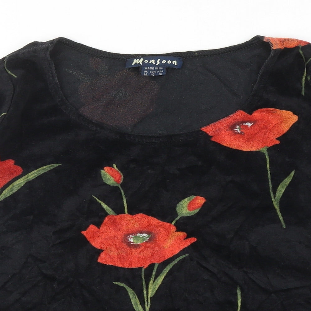 Monsoon Womens Black Geometric Cotton Basic T-Shirt Size 14 Round Neck - Poppy Print