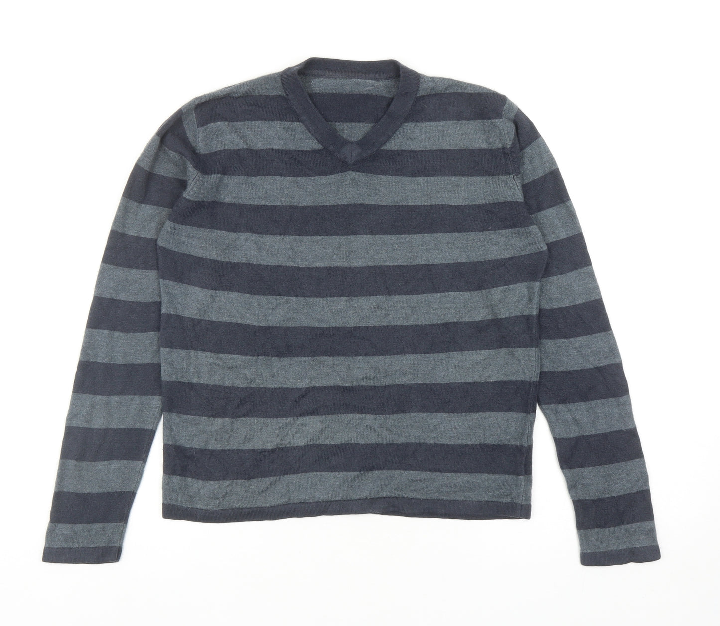 Marks and Spencer Boys Grey V-Neck Striped Acrylic Pullover Jumper Size 11-12 Years Pullover