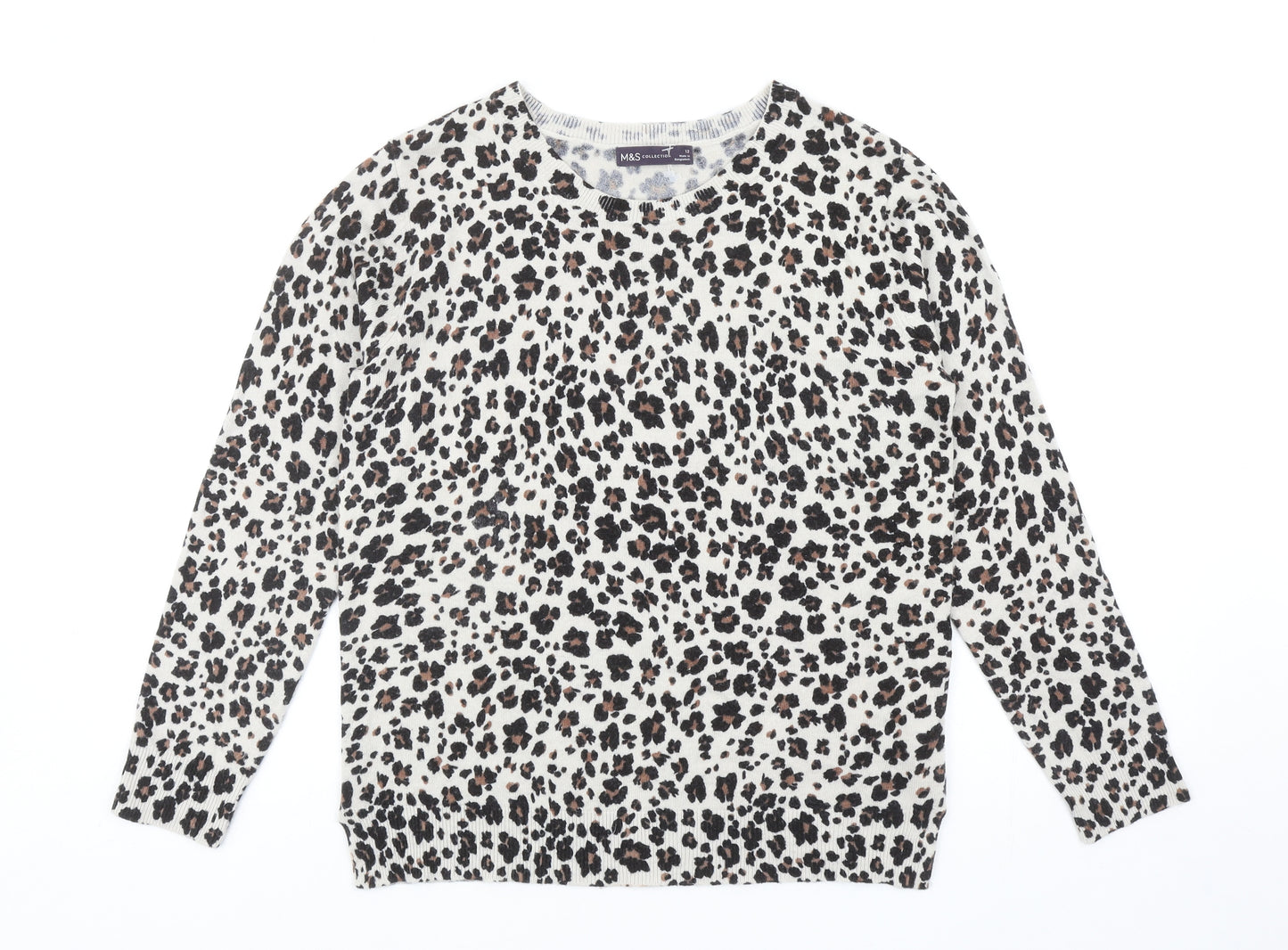 Marks and Spencer Womens Brown Scoop Neck Animal Print Acrylic Pullover Jumper Size 12 - Leopard print