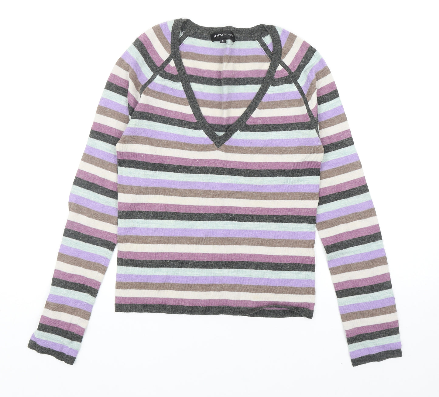 Great Plains Womens Multicoloured V-Neck Striped Acrylic Pullover Jumper Size S