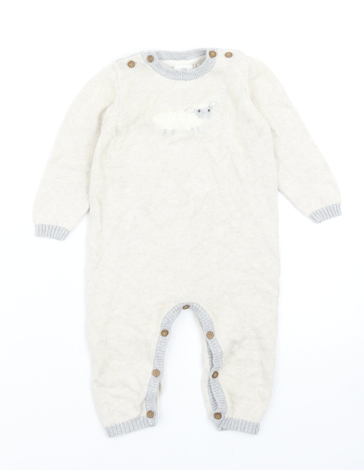 John Lewis Baby Beige Cotton Romper One-Piece Size 6-9 Months Button